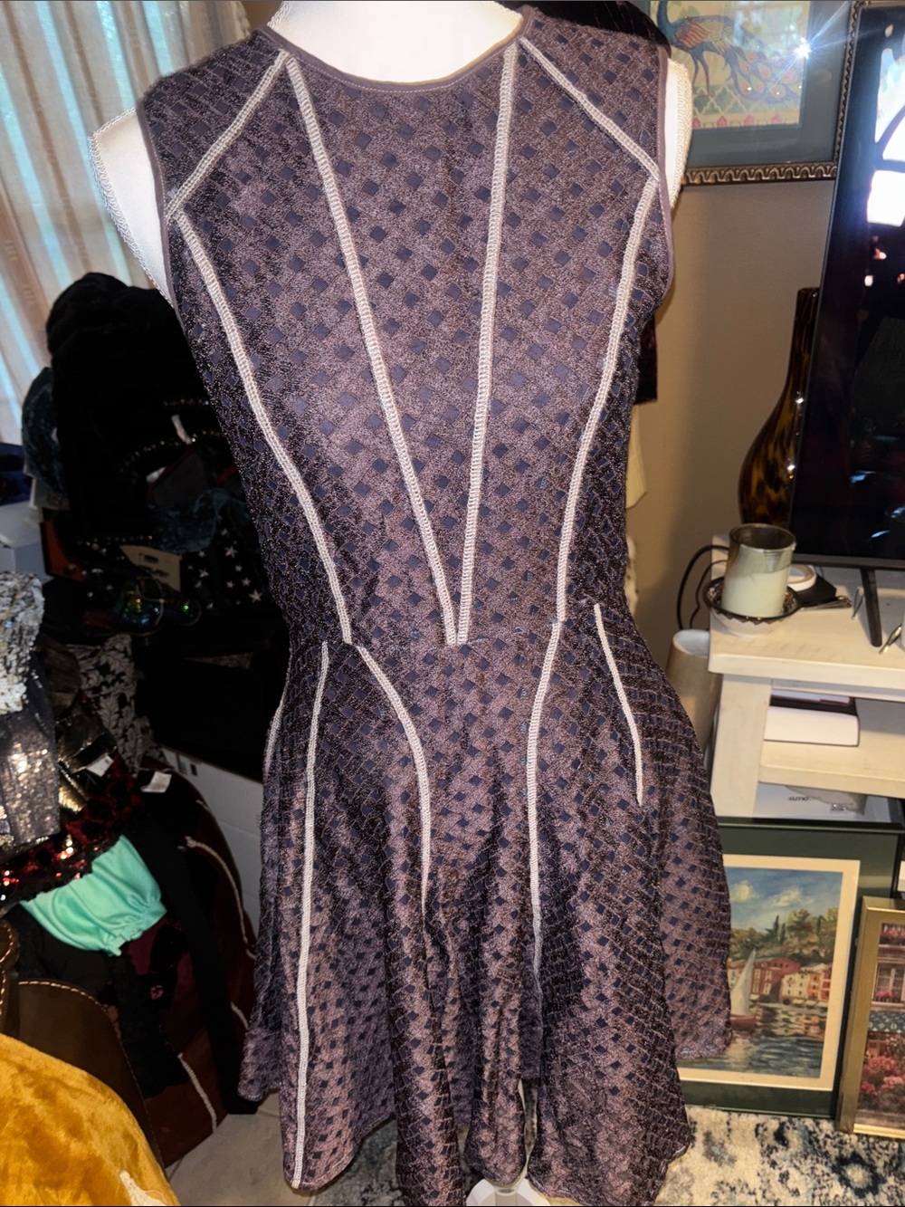 Cynthia Rowley Dark Purple Textured Sleeveless Fit-and-Flare Dress